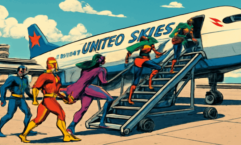 Vivid illustration of superhero characters with imaginative costumes at the gate for a United Skies flight to the UK.