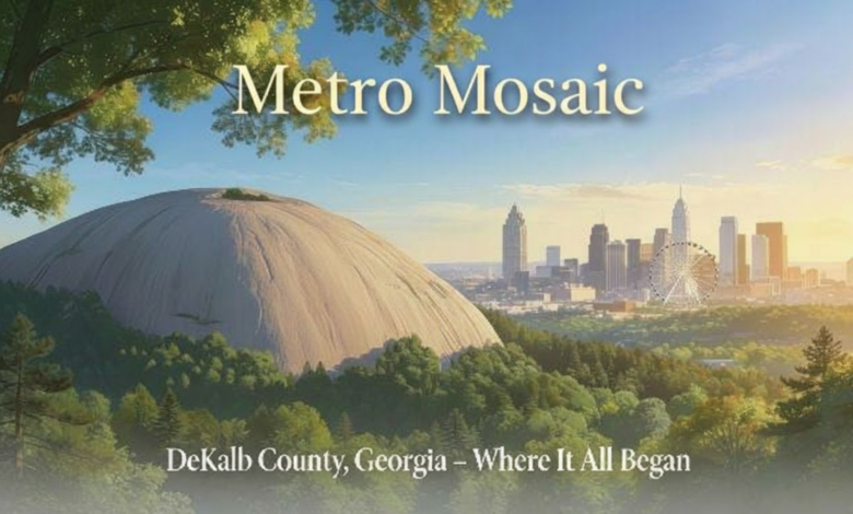 Illustrated landscape showing Stone Mountain in the foreground with dense green trees, the Atlanta skyline and a large Ferris wheel in the distance at sunset, with the title “Metro Mosaic” at top and the caption “DeKalb County, Georgia – Where It All Began” at bottom.