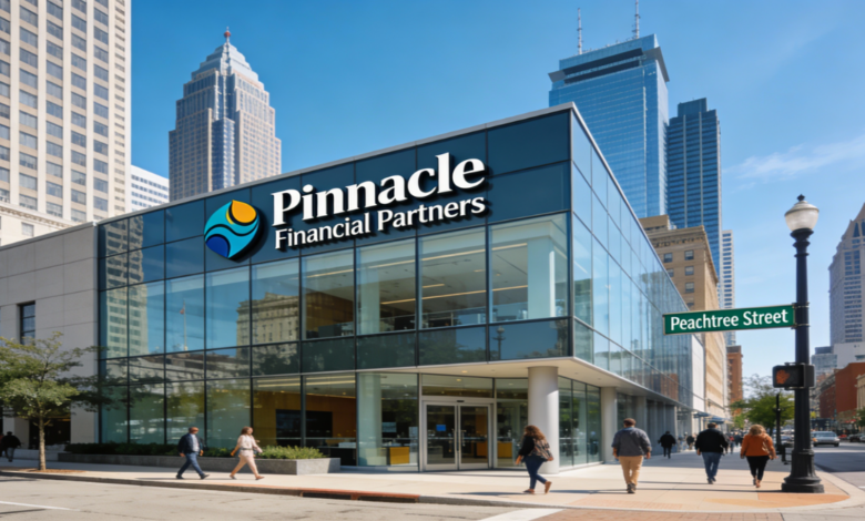 Realistic photo of a modern Pinnacle Financial Partners bank branch on Peachtree Street in downtown Atlanta, featuring a sleek glass facade with prominent signage, subtle Synovus merger elements, bustling pedestrians, street sign, and the city skyline under bright blue skies. (see the generated image above)