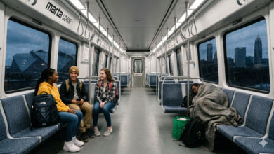 An eye-level, wide-angle journalistic photograph looking down the center aisle of a modern MARTA CQ400 train car at dusk. On the left, three high school teenagers with backpacks are seated together, talking and laughing. On the right side, further down the aisle, an unhoused man rests quietly, curled up under a heavy gray blanket. Large windows on both sides reveal a rain-streaked, dark Atlanta skyline and the Mercedes-Benz Stadium in the background.