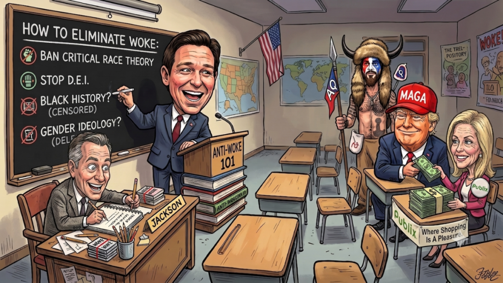 A caricature parody of Ron DeSantis taching a class on anti-woke.