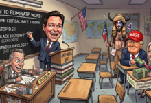A caricature parody of Ron DeSantis taching a class on anti-woke.