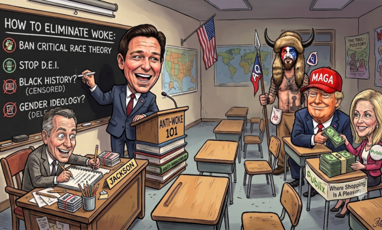 A caricature parody of Ron DeSantis taching a class on anti-woke.