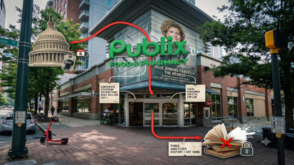 A wide-angle street view of a modern Publix store entrance overlaid with investigative graphics. A semi-transparent portrait of heiress Julie Jenkins Fancelli appears above the storefront, connected by red data pipeline lines that route from store customer traffic to graphics of the U.S. Capitol dome on the left and a locked, censored textbook on the right.