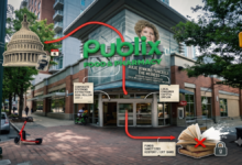 A wide-angle street view of a modern Publix store entrance overlaid with investigative graphics. A semi-transparent portrait of heiress Julie Jenkins Fancelli appears above the storefront, connected by red data pipeline lines that route from store customer traffic to graphics of the U.S. Capitol dome on the left and a locked, censored textbook on the right.