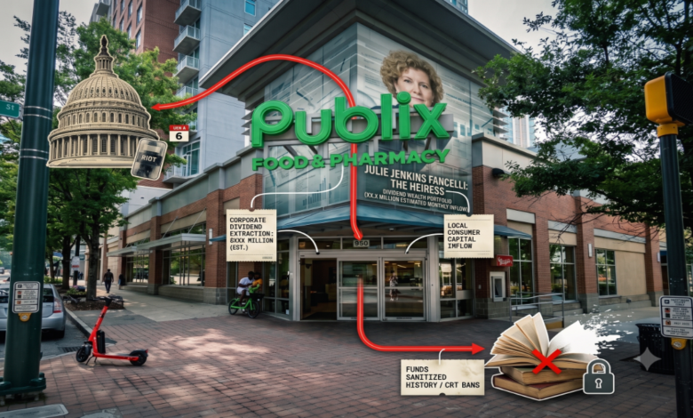 A wide-angle street view of a modern Publix store entrance overlaid with investigative graphics. A semi-transparent portrait of heiress Julie Jenkins Fancelli appears above the storefront, connected by red data pipeline lines that route from store customer traffic to graphics of the U.S. Capitol dome on the left and a locked, censored textbook on the right.