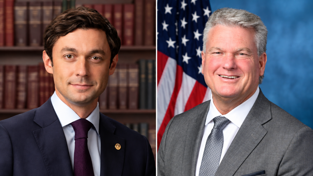 Side-by-side portraits of Democratic Senator Jon Ossoff and Republican Congressman Mike Collins ahead of their October 8, 2026, Georgia Senate debate.