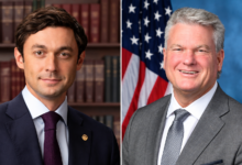 Side-by-side portraits of Democratic Senator Jon Ossoff and Republican Congressman Mike Collins ahead of their October 8, 2026, Georgia Senate debate.