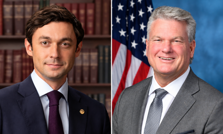 Side-by-side portraits of Democratic Senator Jon Ossoff and Republican Congressman Mike Collins ahead of their October 8, 2026, Georgia Senate debate.