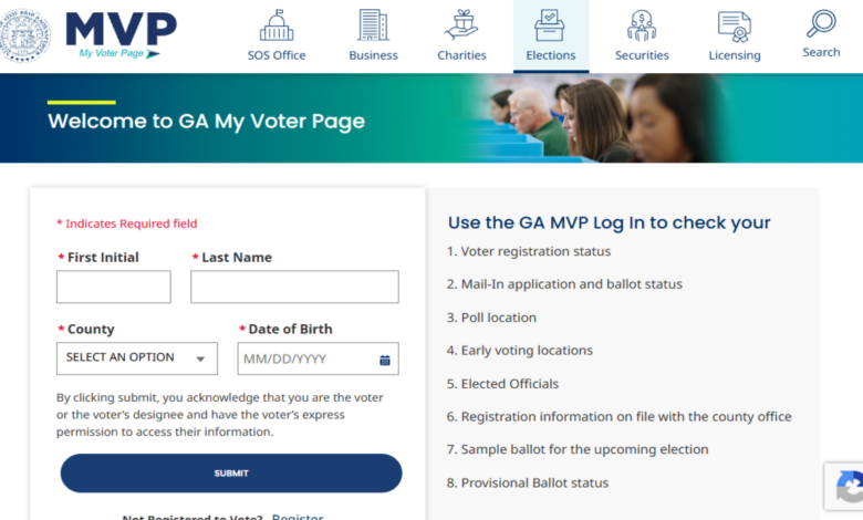 Screenshot of Georgia’s My Voter Page showing the voter login form and options to check registration status, polling places and sample ballots.