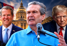 Rick Jackson pictured between Georgia Gov. Brian Kemp and President Donald Trump in an editorial illustration about the Georgia governor’s race.