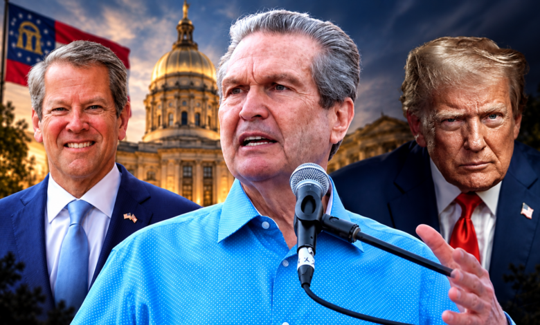 Rick Jackson pictured between Georgia Gov. Brian Kemp and President Donald Trump in an editorial illustration about the Georgia governor’s race.