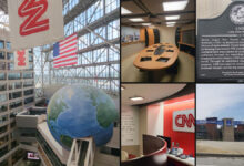 Turner Broadcasting Atlanta history collage featuring CNN Center, CNN offices and the former Turner Field on Hank Aaron Drive.