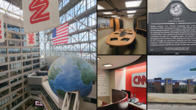 Turner Broadcasting Atlanta history collage featuring CNN Center, CNN offices and the former Turner Field on Hank Aaron Drive.