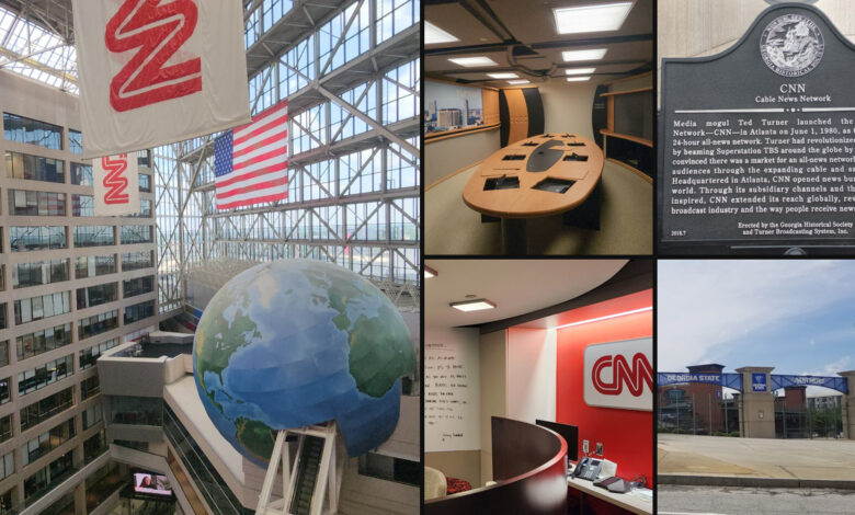 Turner Broadcasting Atlanta history collage featuring CNN Center, CNN offices and the former Turner Field on Hank Aaron Drive.